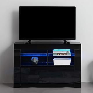 Panana Modern TV Stand Unit Cabinet with LED Lights High Gloss Fronts TV Entertainment Cabinet with Storage Drawer and Shelves for Living Room Black