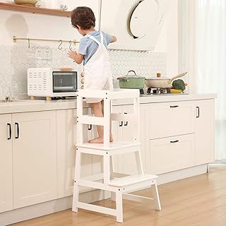 Kids Kitchen Step Stool for Kids with Safety Rail, Solid Wood Construction Toddler Learning Stool Tower,Montessori Kitchen (White)