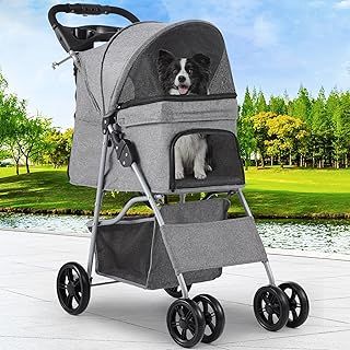 YITAHOME Pet Stroller for Small to Medium Dogs, 4-Wheel Dog Pushchair with Storage Basket, Foldable Pet Travel Carriage with Cup Holder & Storage Basket (Grey)