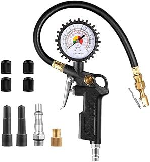 CZC AUTO Multifunction Tyre Pressure Gauge with Tyre Inflator, 220 PSI with Brass Air Chuck, Compressor Accessories with Rubber Hose & Quick Male Coupling