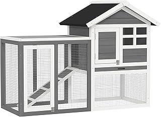PawHut Rabbit Hutch Outdoor Wooden Guinea Pig Hutch Rabbit Run Bunny Cage Small Animal House Pull-Out Tray, Grey, 122 x 62.6 x 92 cm