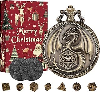 Mini DND Dice Set with Bronze Steampunk Hollow Octopus Pocket Watch Shell Case Box, 7pcs Polyhedral Metal D&D Dice Set, DND Starter Set, Role Playing Board Games Accessories