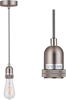 Pendant Fitting Satin Nickle Ceiling Light Fitting, Vintage Metal Ceiling Rose with Braided Flex Cable and Metal E27 Lamp Holder KIT Accessary HT201SN