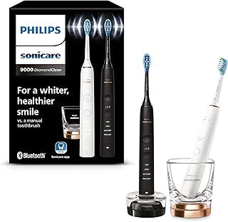 Philips Sonicare DiamondClean 9000 Electric Toothbrush, Sonic Toothbrush with App, Pressure Sensor, 4 Brushing Modes, 3 Intensity Levels, Charging Glass, Black & Rosegold, Dual Pack, Model HX9914/57