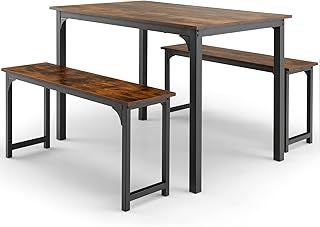 Dining Table with 2 Benches, 3 Pieces Steel Frame Kitchen Table Set, Industrial 4-6 Person Breakfast Dining Table and Chairs for Home Dining Room (Coffee+Black)