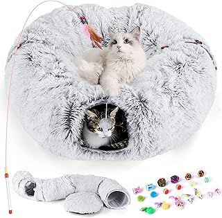 Odoland Large Cat Tunnel with Plush Bed, Multifunctional Foldable Cat Donut Tunnel Bed for Indoor with Ball & Peek Holes, Interactive Toys for Cats Kitten Puppy Rabbits Play Tunnel Tube - Grey