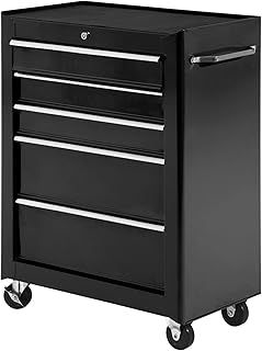 HOMCOM 5-Drawer Lockable Steel Tool Storage Cabinet with Wheels Handle 2 Keys Organisation Box Unit Chest Garage DIY Workshop Trolley Black