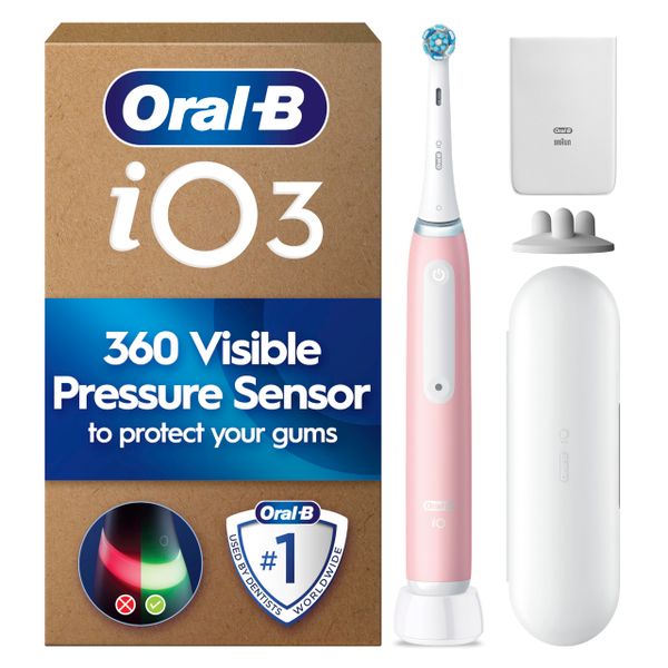 Oral-B iO3 Ultimate Clean Electric Toothbrush, Blush Pink, Long-Lasting Battery with Travel Case for Home and Travel, With Refill Holder and Charger Pouch