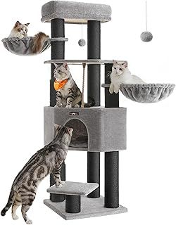 Feandrea Cat Tree for Large Cats, Heavy-Duty Cat Tower with Self-Warming Pads, 2 Self-Groomers, 9 Scratching Posts, Large Perch, Cave, Baskets, 50 x 50 x 160 cm, Dove Grey and Black PCT003W01