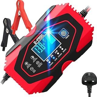 Car Battery Charger, 12V/6A 24V/3A Fully Intelligent Pulse Repair Lead Acid Lithium Battery Charger & Maintainer - UK Plug, Red