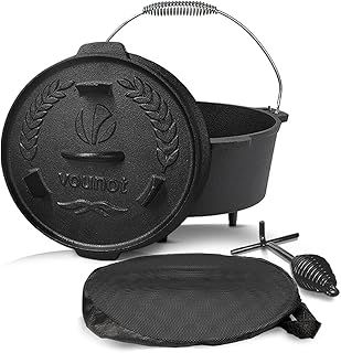 VOUNOT Dutch Oven 9 Liters, Pre-Seasoned Cast Iron Pot with Carry Bag, Feet, Lid Lifter, Spiral Handle and Slot for Thermometer, for Camping, Cooking Baking