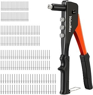 ValueMax 4-in-1 Rivet Gun Set with 200 Rivets | Pop Riveter with 4 Sizes Interchangeable Nosepieces 3/32"(2.4mm), 1/8"(3.2mm), 5/32"(4.0mm), 3/16"(4.8mm) | Heavy Duty Pop Rivet Gun Kit