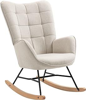 Rocking Chair for Nursery Relaxing Nursing Armchair with High Backrest for Adults Mum Feeding Reading Glider Fabric with Metal Legs Wood Base, Living Rooms, Bedrooms, Balcony, Beige