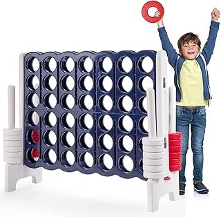 GYMAX Giant 4 in a Row Game, Jumbo 4 to Score Games with 42 Rings & Quick Release Slider, Indoor Outdoor Four in a Row Game for Kids Adults (Navy Blue)