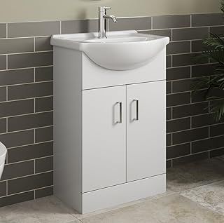 560mm Vanity Unit Basin Sink Bathroom Storage Cabinet Cupboard Freestanding, Single Tap Hole Ceramic Wash Basins, Soft Close Doors, White Gloss