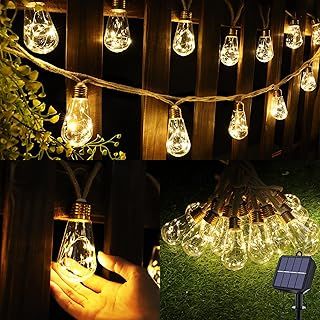 Solar Fairy Lights Outdoor Garden - 8M 160 LED Solar String Lights Waterproof, Hemp Rope Solar Festoon Lights with 16 LED Shatterproof Bulbs for Patio, Party, Yard, Xmas Decoration (Warm White)