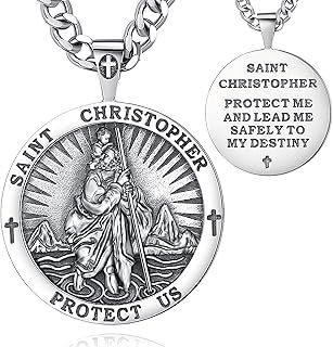 AEONSLOVE 925 Sterling Silver Saint Christopher Necklace for Men Women, Saint Michael/Saint Benedict Cross/Seal of the Seven Archangels Medal, Christian Catholic Jewelry for Boy Girl