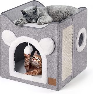 Foldable Cat House, Cat Bed 2 Layer Large Cat Cave for Pet with Scratching Board and Fluffy Ball for Small Medium Pets Indoor