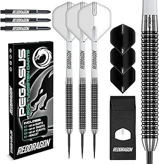 RED DRAGON Pegasus Professional Tungsten Steeltip Darts Set Available in 21, 23, 24, 25, 26, 28, 30 Gram with Flights, Stems (Shafts) and Wallet