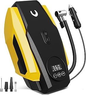 Tyre Inflator Portable Air Compressor - Air Pump for Car Tyres - 12V DC Compact Tyre Pump with Auto Shutoff Function - Multipurpose Car Accessory with LED Light, Yellow, Medium