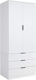 Home Source 2 Door 3 Drawer Wardrobe with Clothes Hanging Rail Storage Shelf Bedroom Organiser, White