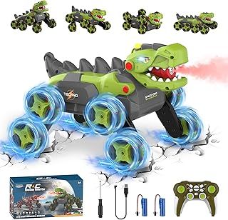 Dinosaur Remote Control Cars - 8WD 2.4Ghz RC Car for 4 5 6 7 8 Year Old Boys, Transform Features RC Stunt Car with 360° Rotating/Spray/Light/Roar, Birthday Xmas Gifts for Kids Age 4-6 5-7 8-12 (Green)