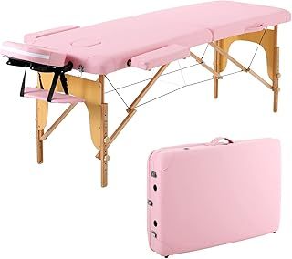 Panana 2 Sections Portable Massage Bed Wooden Legs Adjustable Height Folding Tattoo Table (Pink)