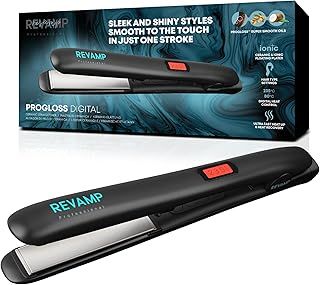 REVAMP Progloss Digital Ceramic Hair Straighteners - Slim, Lightweight, Salon Professional Straightening and Curling Hot Iron Styler, All Hair Type, Adjustable Temperature, Worldwide Voltage - Black