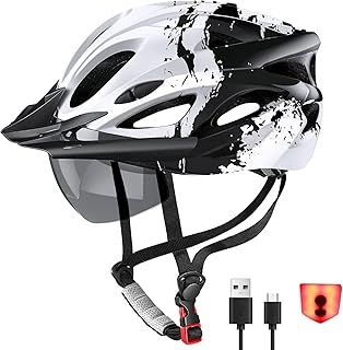 Bike Helmet for Men and Women, Lightweight Cycle Helmet with LED Light Magnetic Goggle Sun Visor, Mountain & Road Bicycle Helmets for Adult Cycling Adjustable Size 57-62cm