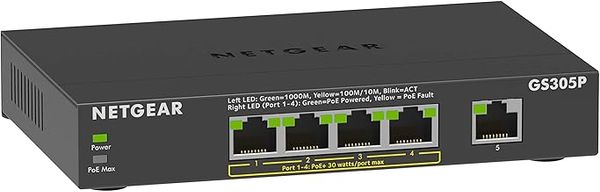 NETGEAR PoE Switch 5 Port Gigabit Ethernet Plus Network Switch (GS305P) - with 4 x PoE+ @ 63W - Desktop or Wall Mount
