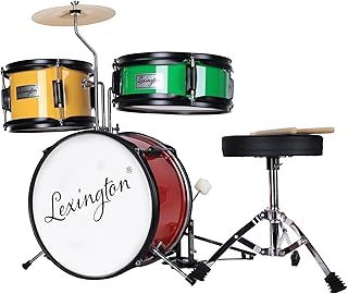 Children's Drums Set of 3 with Snare, Tom, Bass Drum, Bass Drum Pedal, Throne, Cymbals, Drumsticks, Red, Yellow, Green