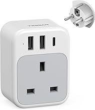 TESSAN UK to European Plug Adapter, USB C Travel Adaptor Europe with 3 USB, 3250W EU Charger Plug, Type E F for Euro Spain France Turkey Germany Egypt
