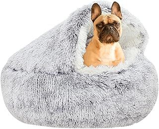 YUDANSI Dog Bed, 65cm Covered Dog Cat Bed for indoor outdoor Cats Calming Down,Burrowing Cat Small Medium Dog Bed with Hood for Anti Anxiety, Non-Slip Plush Faux Fur Nest with Ceiling Puppy Pet Bed