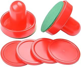 Air Hockey Pushers, 2 Pcs 60mm Air Hockey Table Felt Pusher with 4Pcs Red Pucks for Replacement Pucks Table Mallet Goalies for Game Table