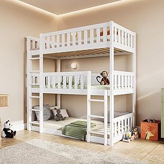 Flair Furnishings - Triple Bunk Beds for Kids, High Bunk Bed, Heavy Duty and Sturdy, Cosy, Stylish, Space Saving Design (White)