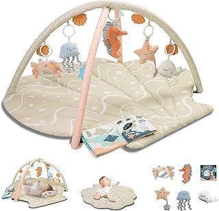 Baby Play Mat, Ocean Shell Theme Playmats & Floor Gyms, Baby Play Gym with 6 Detachable Activity Toys, Early Sensory Development Play Mat for Infant & Newborn (Beige)