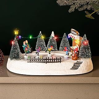 HomeZone Animated Christmas Carol Village Nativity Scene Christmas Ornament Decoration With Colour Changing LED Fairy Lights And Sounds. Battery Operated (ICE SKATING SCENE)