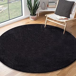 Relax Modern Fluffy Short Pile Rug, Non-Slip Underside, Washable up to 30 Degrees, Super Soft, Fur Look, Black, 120 x 120 cm Round