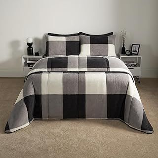 OHS Gingham Teddy Fleece 10.5 Tog Coverless Double Duvet, Soft Warm Duvet Double Washable Coverless Duvet Double Travel Camping Comfy Bed Set with Pillowcases - Grey