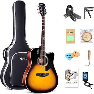 Rosen Acoustic Guitar 41 Inches 4/4 Solid Top Dreadnought Spruce Guitar Beginner Bundle with Book, Padded Bag, Strings, Picks, Tuner, Hexwrench, Strap, Polishing Cloth, Sunburst