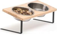 Elevated Cat Bowls, Small Dog 15° Tilted Raised Stainless Steel Bowl Stand, Solid Bamboo Food Water Bowl Set Feeding Station for Pets