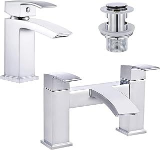 Bathroom Waterfall Basin Taps with Pop-up Waste and Square Bath Taps Set Chrome Brass Sink Mixers