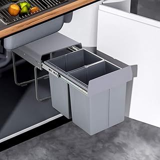 Warmiehomy Pull Out Kitchen Waste Bin, Built-In, Recycle & Multi Waste Container, with Front-Fixing Brackets - Grey, H430xD340xW490mm, 40L(2x20L)