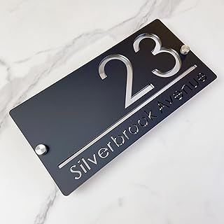 Outdoor House Number Plate, Suspended Design Custom House Number Plate, Modern Acrylic Laser Cut 3D Street Name Sign (Black&Silver)