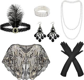 7PCS 1920s Accessories for Women Roaring 20s Theme Set Gatsby Costume 20s Fancy Dress 1920s Burlesque with Gloves Hairband Necklace Earrings Bracelet Shawl for Dance Halloween Party