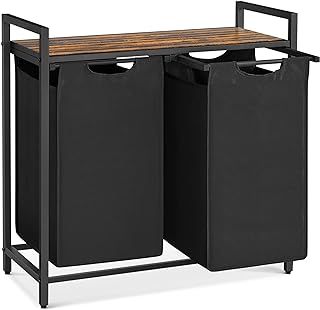 Vasagle BLH201B01V1 Dirty Laundry Basket, 2 Compartments, Bin, with 2 Removable Oxford Cloth Bags, Metal Frame, 2 x 46 Litres, 73 x 33 x 72 cm, Rustic Brown and Black