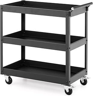 COSTWAY 3 Tiers Tool Trolley, Heavy Duty Service Cart with Handle and Lockable Wheels, Rolling Workshop DIY Storage Trolley for Garage Restaurant Kitchen (1 Towel Rack Handle, Black)