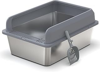 Stainless Steel Enclosed Sides Cat Litter Tray Box, Large Litter Box for All Cats Rabbits, Never Absorbs Odors, Non Stick Surface, Anti-slip Rubber Bottom, Easy to Clean, 50(L) x35(W) x 25(H) cm