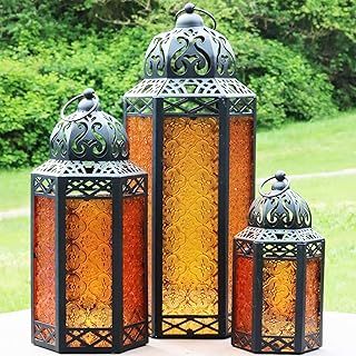VELA LANTERNS Moroccan Candle Lanterns Decorative Set of 3 for Floor, Ramadan Decorations, Indoor Home Decor, Outdoor Patio or Porch, Weddings, Blue