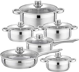 Velaze Cookware Set, Series Motti, 12-Piece Stainless Steel Pot & Pan Sets, Induction Safe, Saucepan, Casserole, pan with Glass lid (Set of 12)
